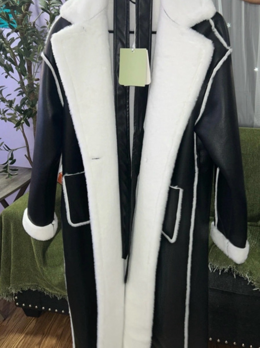 Black & White Faux Shearling Long Coat - Women's Jacket